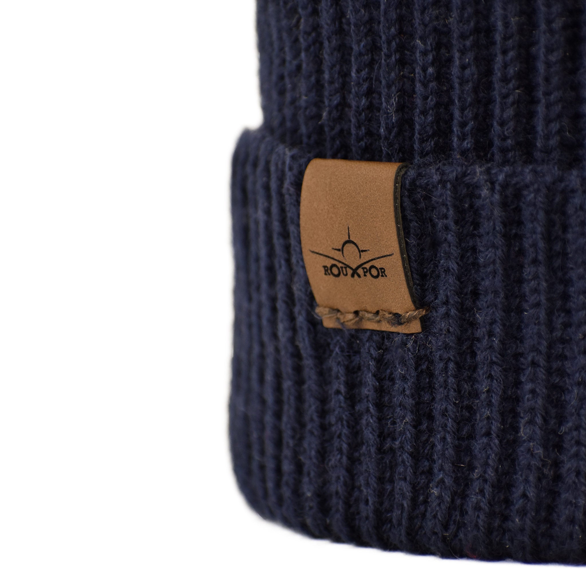 wool beanie with vegan leather tag