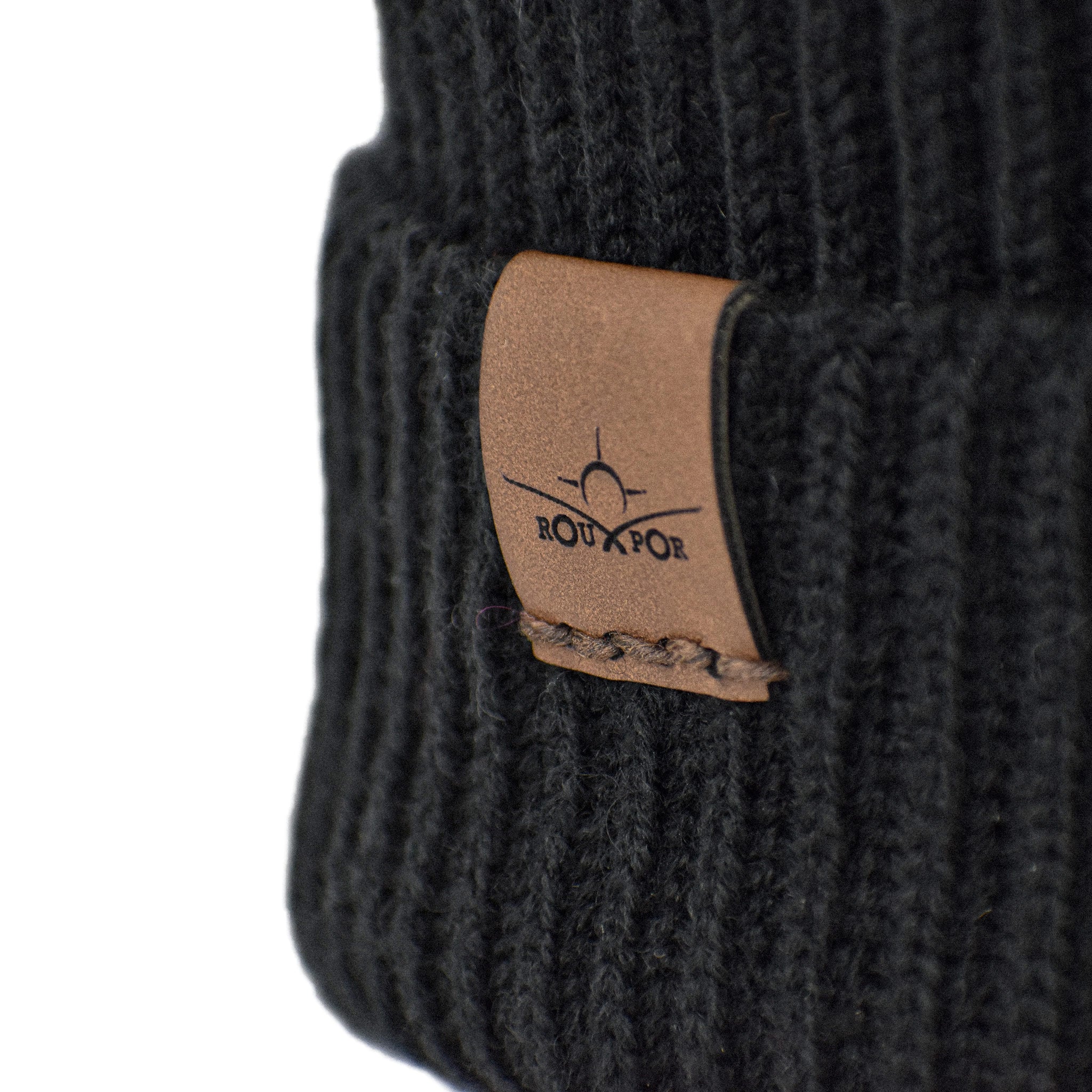 wool beanie with vegan leather tag